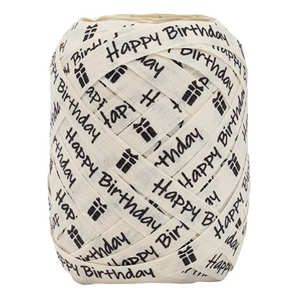 Baumwollband "Happy Birthday" creme, 10 mm x 12 m